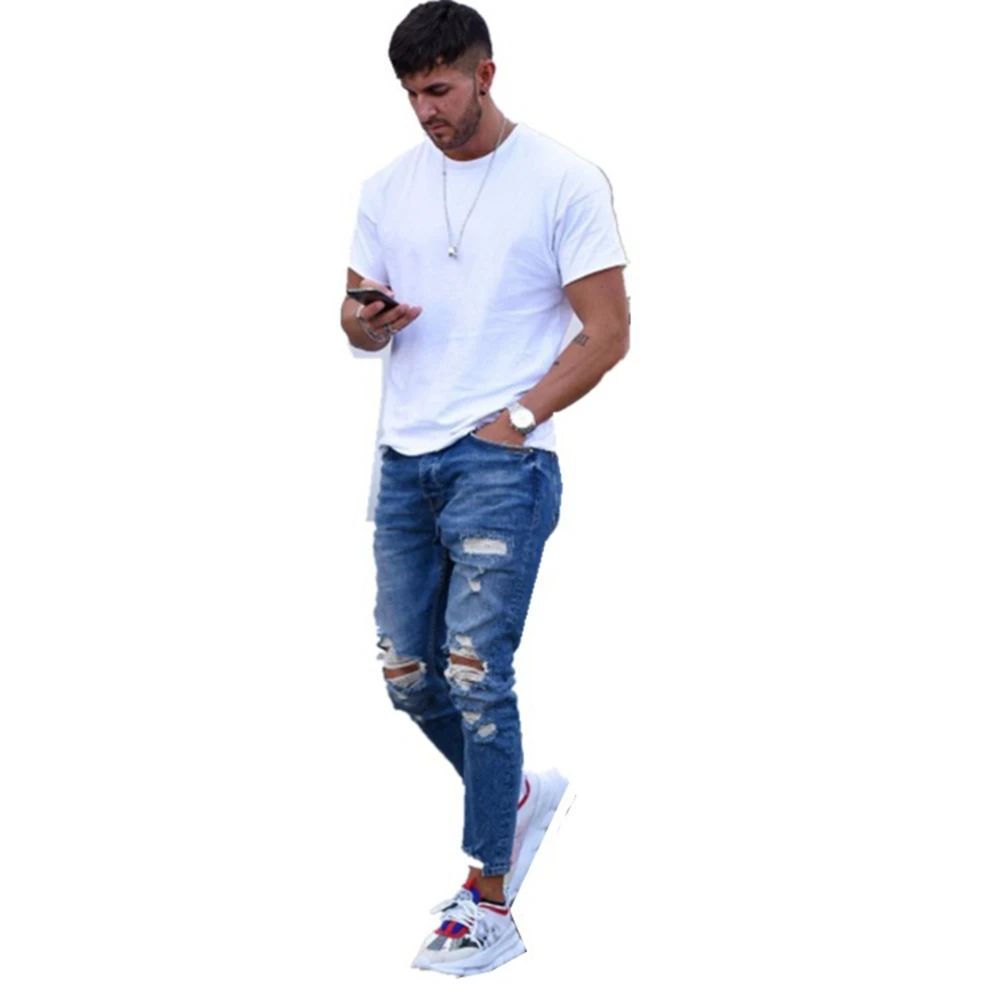 

Man Long Denim Pants Hole Loose Stretch Men's Long Pants Washed Blue High Waist Denim Pant Casual Pant Stitch Stretchy Jeans New