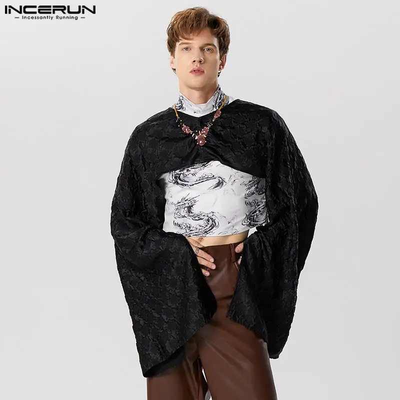 

INCERUN Tops 2023 American Style Sexy Mens Fashion Texture Cropped Shirts Casual Fashion Solid Long Sleeve Cardigan Blouse S-5XL