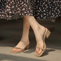 luxury female high heels 2022 fashion open toe rhinestone transparent word belt summer new mid heel fairy style king sandals