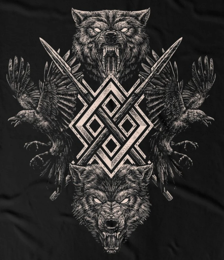 Футболка в готическом стиле Norse Myth Odin Ravens and Wolves 100% хлопок с круглым вырезом летняя