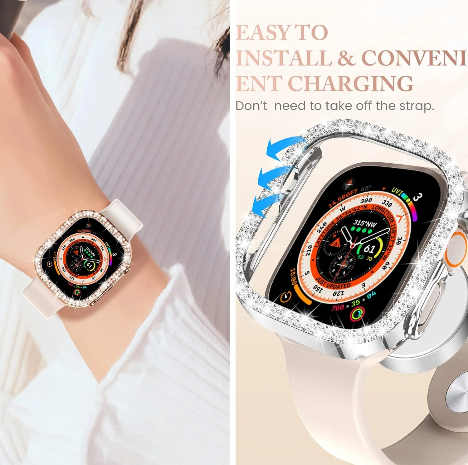 Фото Алмазный чехол для Apple Watch, чехол Ultra/Ultra 2, 49 мм, аксессуары, протектор, алмазный жесткий бампер из ПК, защитные чехлы для iWatch №3