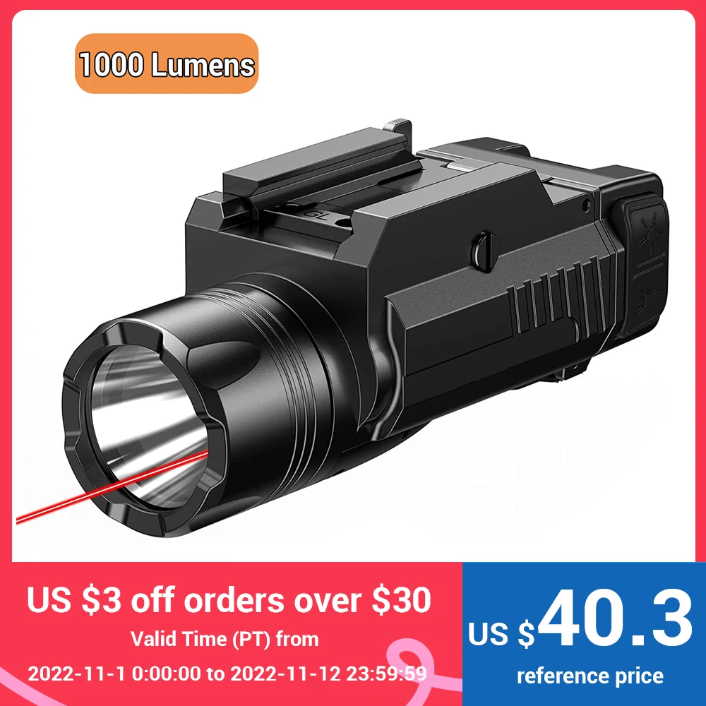 

1000 Lumens Weapon Light Tactical Flashlight with Red Green Laser Sight Quick Detach Handgun Light Military Army Weapon Light