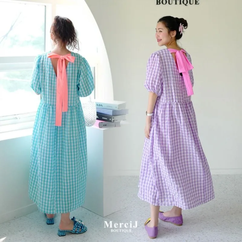 

Japan Style Preppy Chic Loose O Neck Puff Short Sleeve Plaid Dress Women Back Lace Up Bow Vestido De Mujer Fashion Fresh Sweet