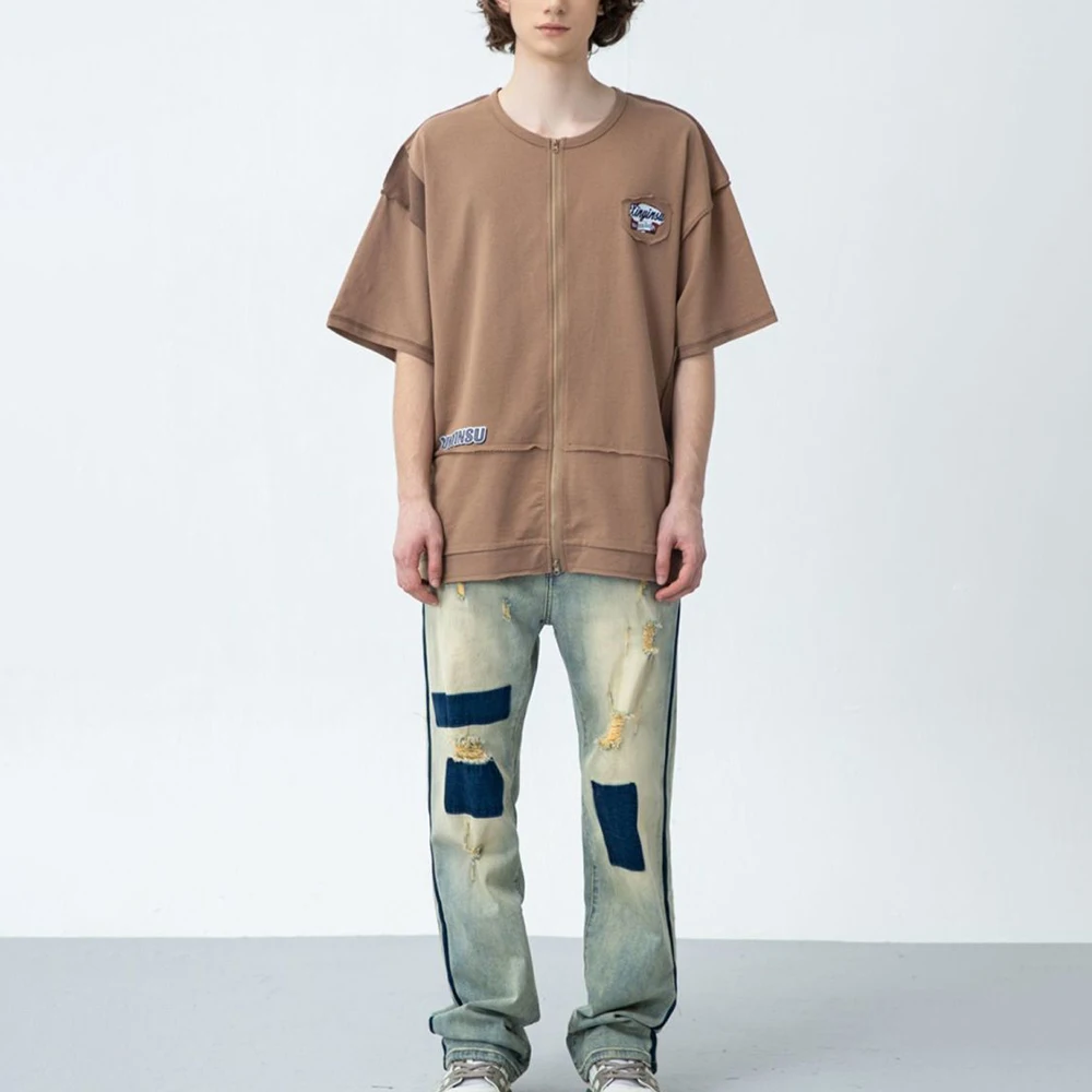 High Street Tide Brand American Retro Old Patch Ripped Jeans Men's Loose Contrasting Color Straight Leg Showing High Long Pants