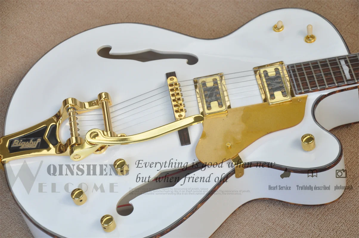 

White Electric Guitar 6120 Semi hollow Body Amber Binding Big Tremolo Gold Bridge Rosewood Fingerboard Angel Wings Inlay