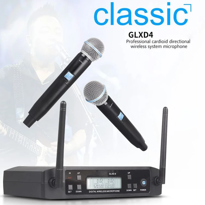 

Беспроводной 2-канальный УВЧ микрофон GLXD4, профессиональный ручной микрофон для сцены вечерние НКИ, караоке, церкви, встречи