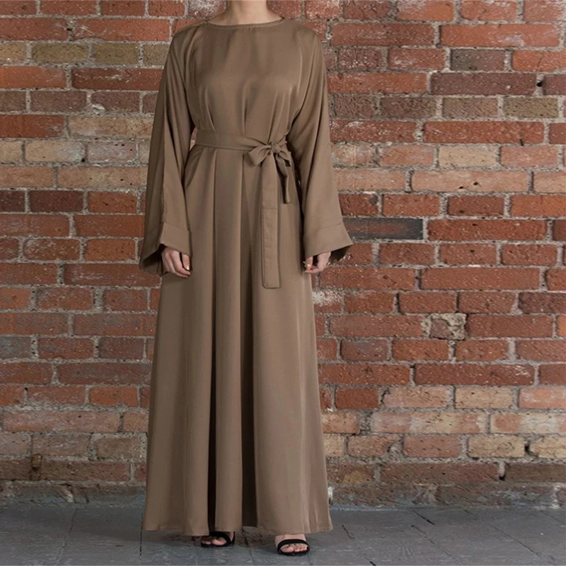 Women Muslim Robe with Belt Casual Solid Color Long Sleeve Loose Dress Abaya Dubai Turkey Kaftan Prayer Dress Robe Islam Clothes