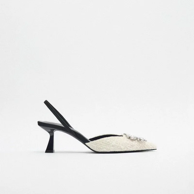 TRAF Shoes For Women Pumps 2023 Rhinestone Square Elegant Woman Heeled Shoes Office Lady High Heels Shoes Woman Designer Luxury