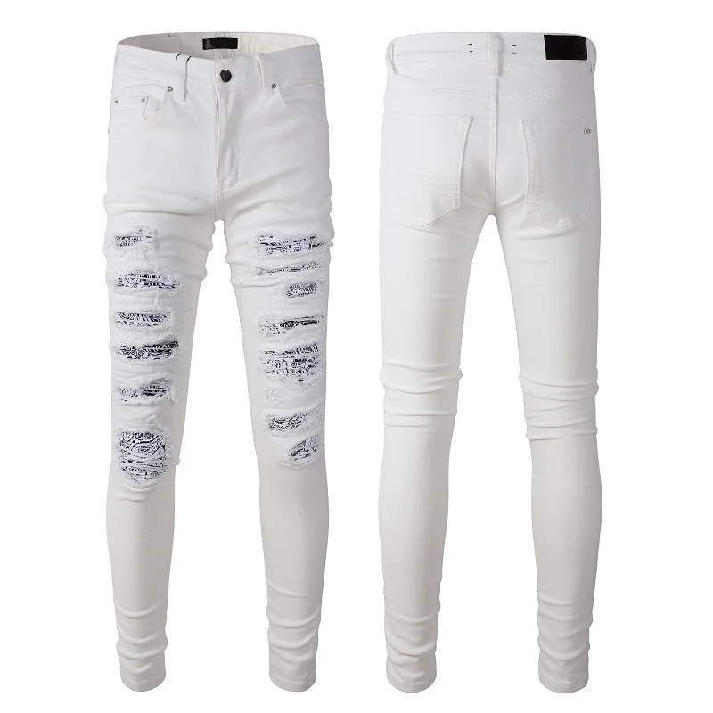 

New Luxury Brand Men's high street fashion brand white hole patch skinny slim legged jeans Motorcycle Stretch Slim Jeans