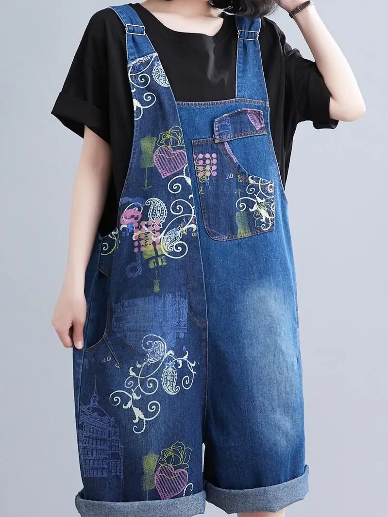 

Женский джинсовый комбинезон с принтом, винтажный Свободный Повседневный Универсальный комбинезон до колен без рукавов на подтяжках, лето