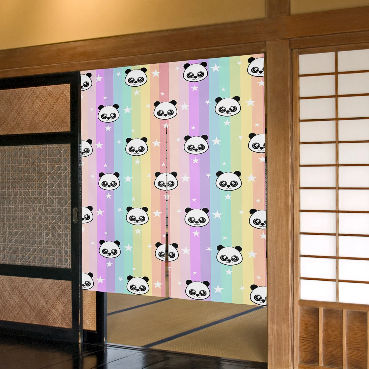 

Panda Stars Rainbow Stripes Japanese Door Curtain Kitchen Doorway Decorative Drapes Cafe Restaurant Noren Hanging Half-Curtain