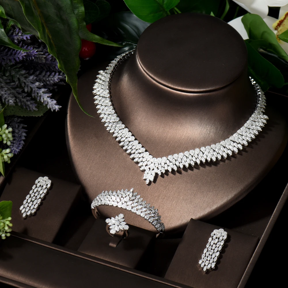 

HIBRIDE Geometric 4pcs Long Tassel Earring and Necklace Sets Cubic Zirconia Jewelry Sets for Dubai Nigeria Wedding Jewelry S-002