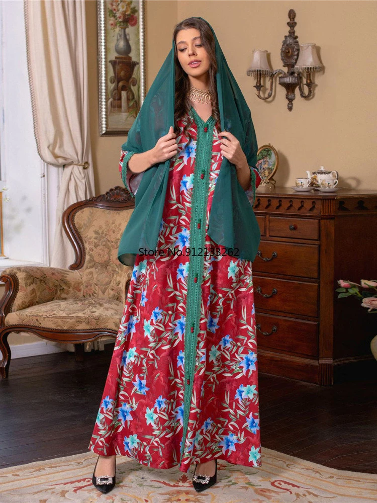 Fashion High Quality Dress for Ladies Middle Eastern Muslim Women Moroccan Jalabiya Dubai Arab Print Maxi Dress Party Ramadan