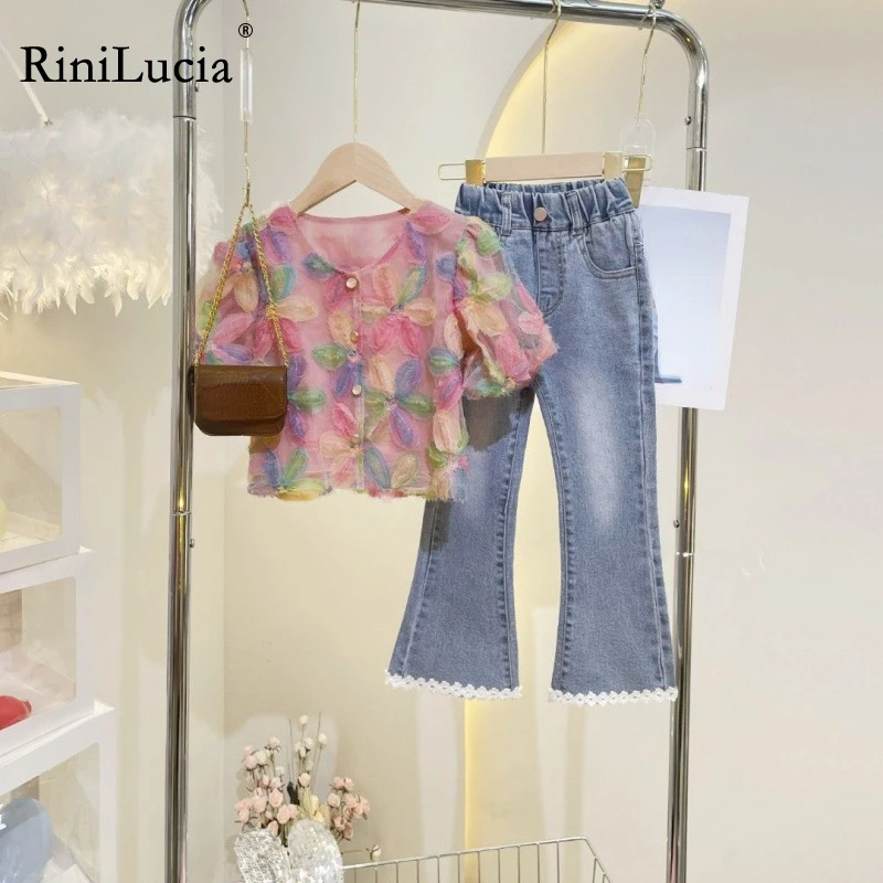 

RiniLucia Sweet Toddler Baby Kid Girs Outfits 2023 New Summer Short Sleeve Floral Shirts Denim Pants RChildren Girls Costumes