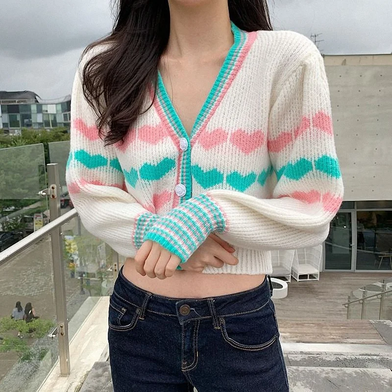 

Rainbow Love Sweater Jacket Women's Spring And Autumn V-neck Cardigan Color Contrast Outerwear Short Sweaters 2022