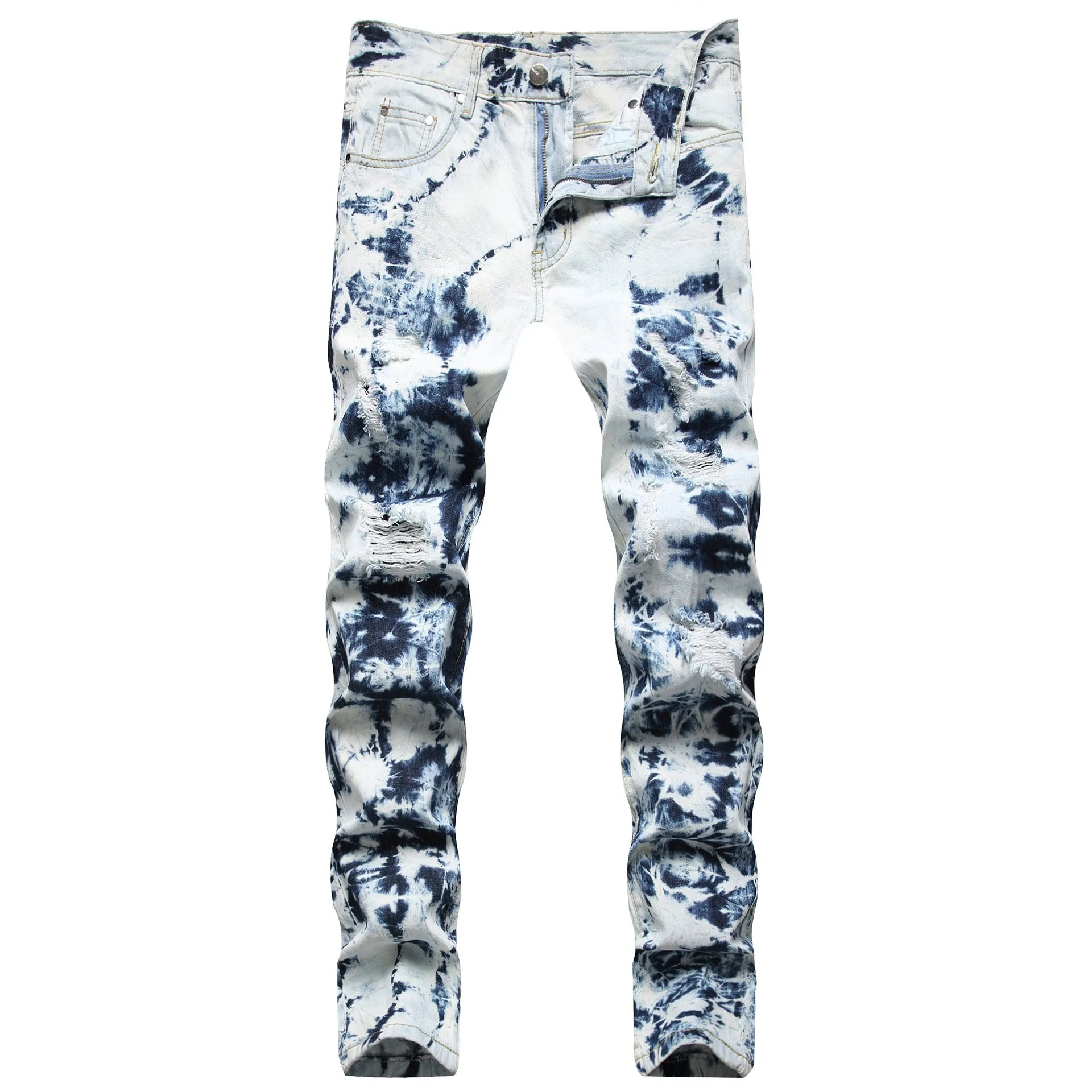 Mens Jeans Snowflake Tie-dyed Ripped Jeans Fashion Streetwear Men's Pants Spring and Autumn Full Length Deinm Pans