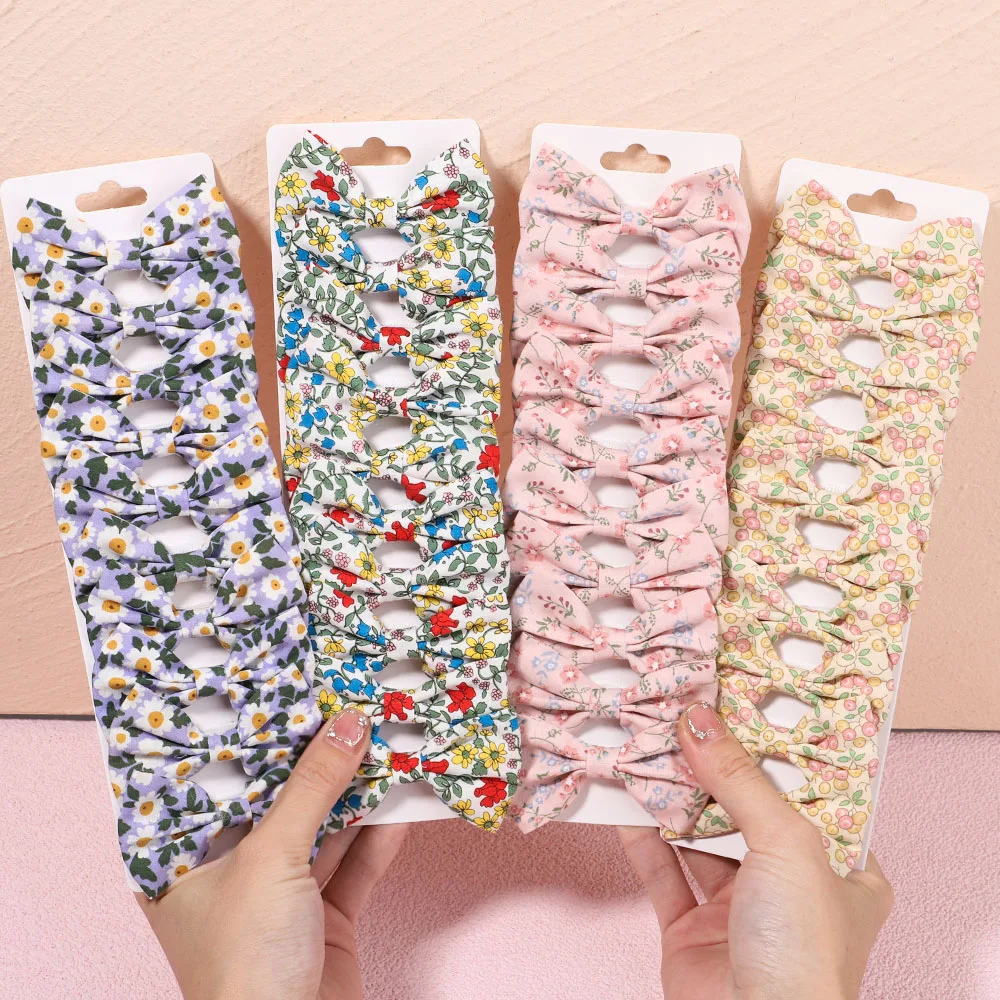 

10Pcs/Set Sweet Floral Print Bows Hair Clips For Kids Girls Cotton Bowknot Hairpins Boutique Barrettes Headwear Hair Accessories