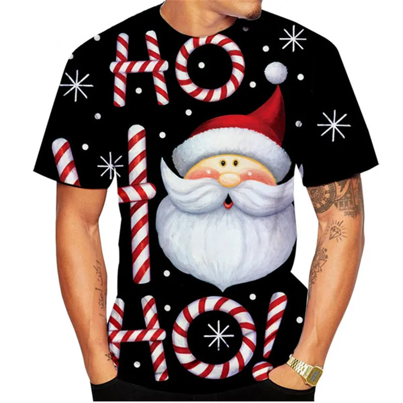 

Футболка мужская с коротким рукавом, уличная одежда в рождественском стиле, топ с круглым вырезом и 3D-принтом Санта-Клауса, мультяшный рисунок, большие размеры