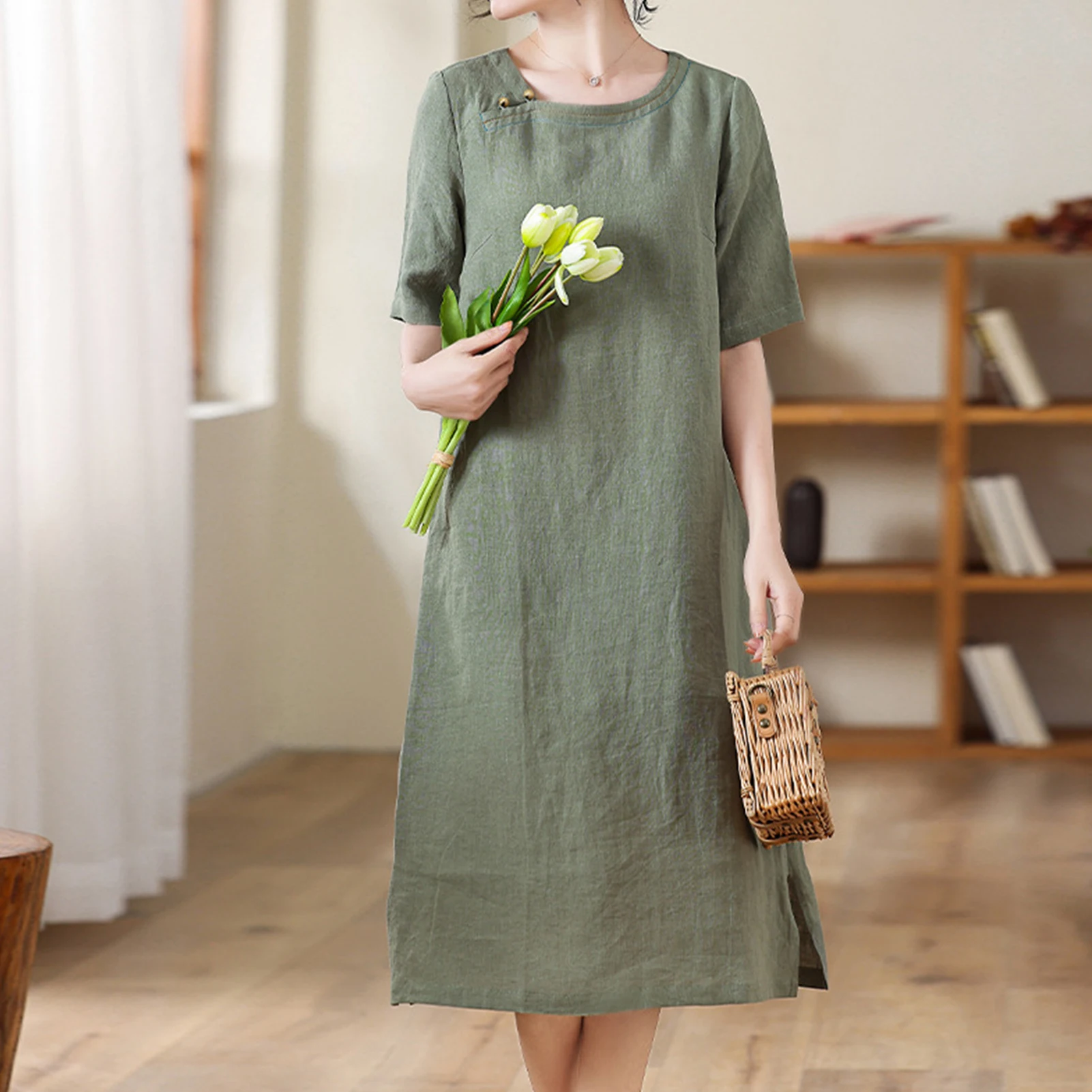 

Платье из хлопка и льна с карманами, однотонное летнее платье с круглым вырезом, простое темпераментное элегантное дышащее изысканное для покупок