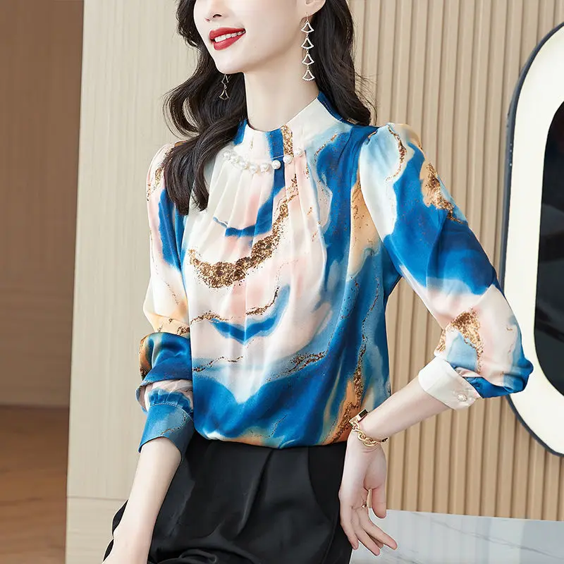 

Heavy real silk shirt female long sleeves blouse 2022 spring and autumn high -end handmade beaded satin printed silk blouse