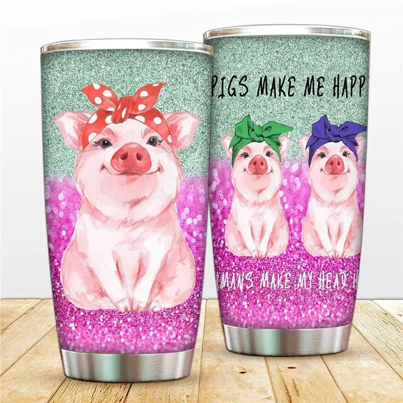 20oz Cute Pigs Make Me Happy Tumbler Cup with Lid Double Wall Vacuum Sporty Thermos Insulated Travel Mug for Hot & Cold Water