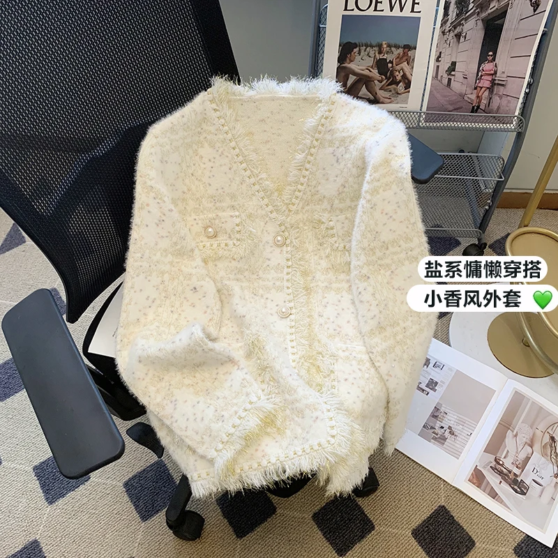 

Fake Mink Cashmere Tassel Sweater Cardigan Coat Women's Korean Fashion V-Neck Long Sleeve Single Breasted Knitwear Jacket Jumper