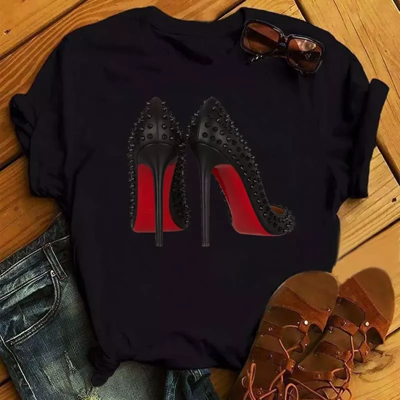 Summer Women Tshirt New Fashion High Heels Printed Short Sleeve Tops Casual T-Shirts Women's Clothes Female Shirts