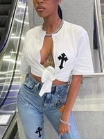 2022 fashion cross print graphic t shirt women short sleeve loose summer cardigan crop top casual streetwear sexy bandage tee