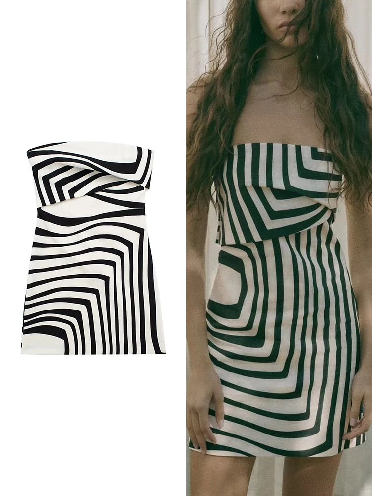 

TRAF 2023 Summer Women's Printed Short Dress Pleated Decoration Casual Beach Style Stripe Print Wrapped Breast Tight Mini Dress