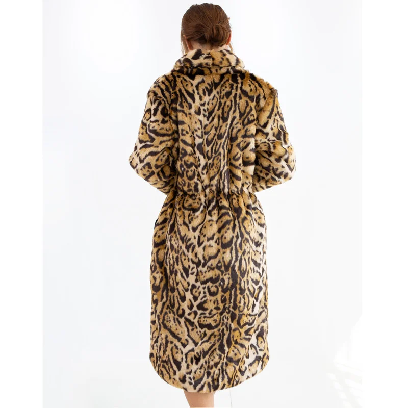ICCLEK Large leopard fur coat Long female imitation mink Rex Rabbit Plush loose jacket Plush coat winter
