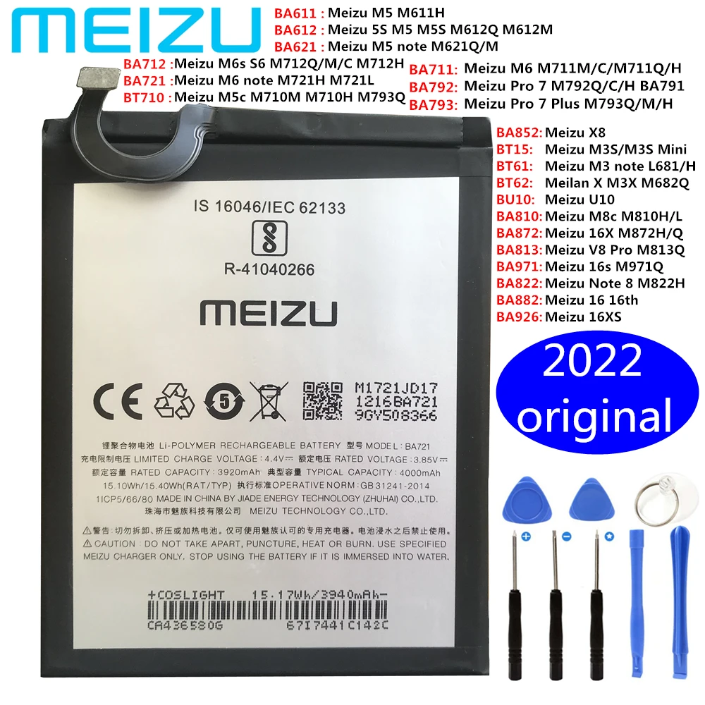 Batería Original Meizu M5 M3 M6 Note M5 s M3s M6 s S6 M8c V8 Pro 7 Plus X8 15 M15 16 16s 16X 16XS U10 BU10 BA872 BA881 BA926