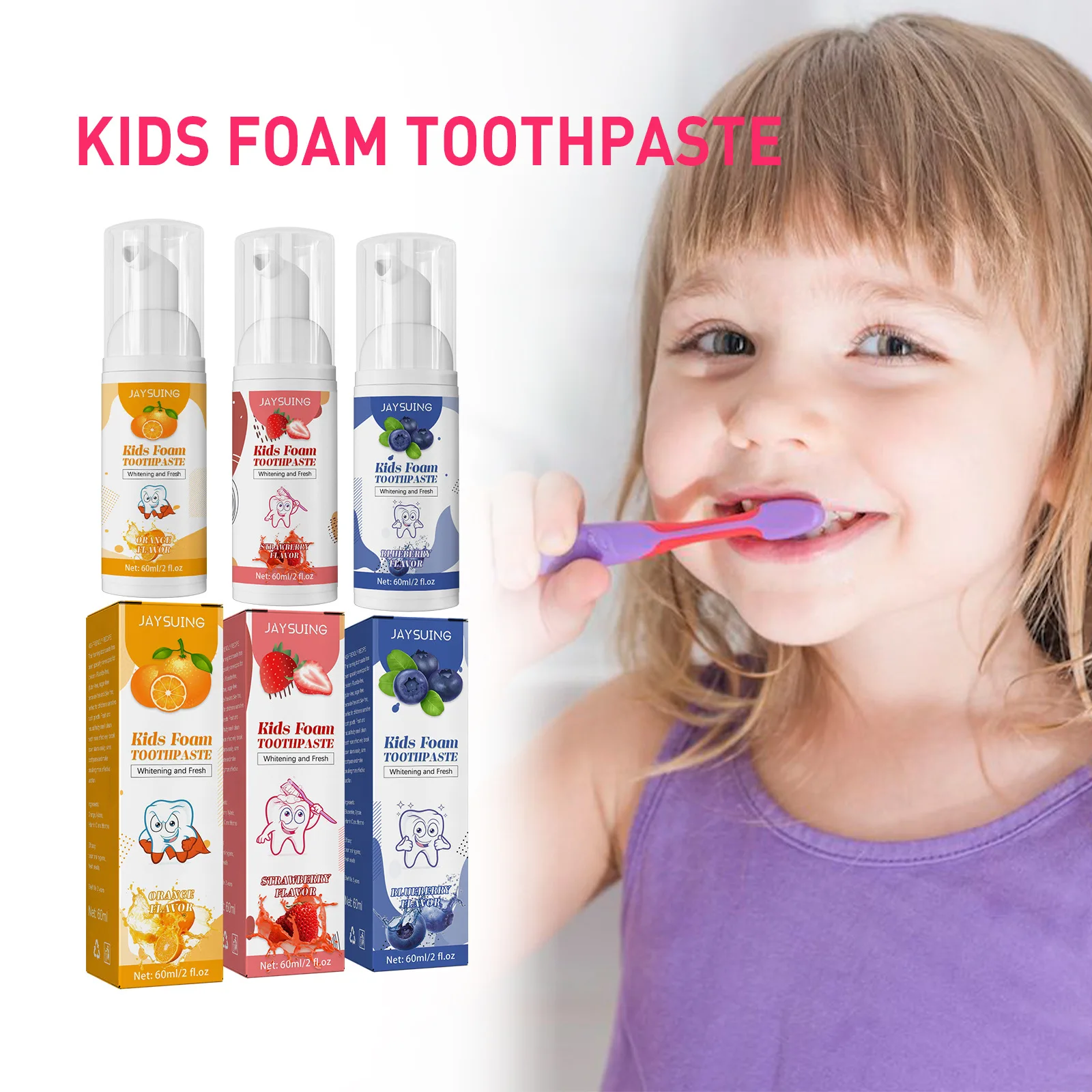 

60ml Kids Foam Toothpaste Natural Plant Formula Teeth Cleaning Prevent Tooth Decay Brightening Whitening Fruit Flavored Mousse