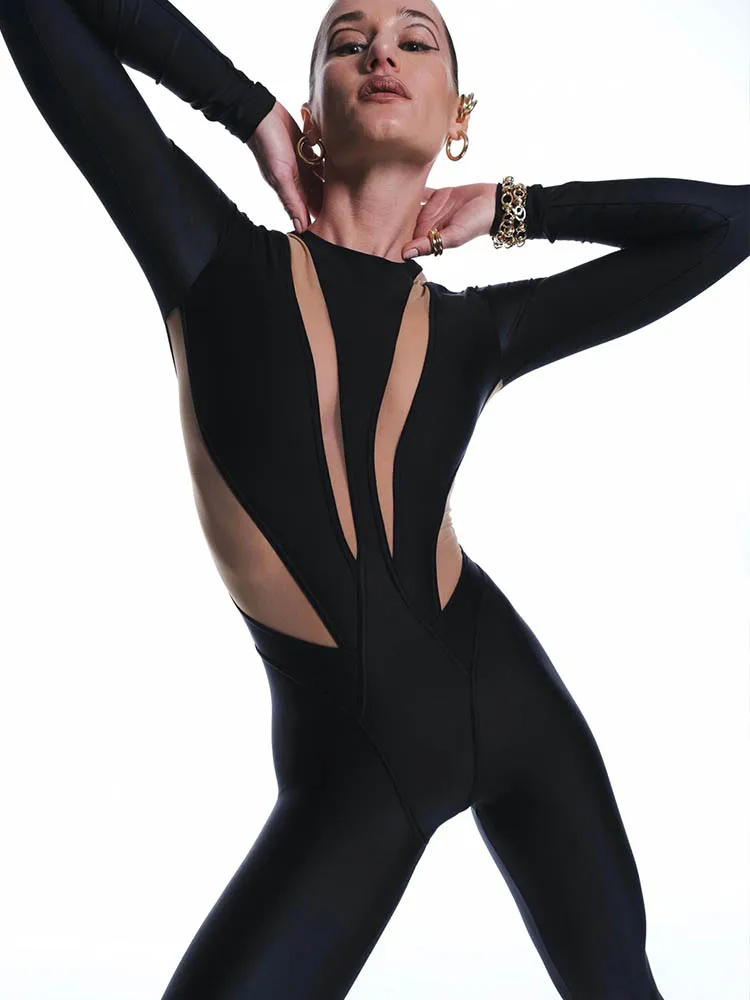 Huhugirl Sexy Mesh Patchwork Rompers Women Jumpsuits Fashion O neck Long Sleeve Skinny Black Jumpsuits Female One Piece Overalls