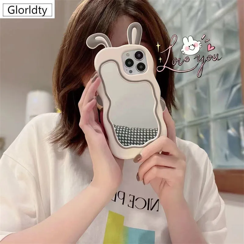 

Cute 3D Rabbit Ear Animal Phone Case For iPhone 14 13 12 11 Pro Max X XS MAX XR 6 7 8 Plus Mirror Soft Silicone Phone Cover