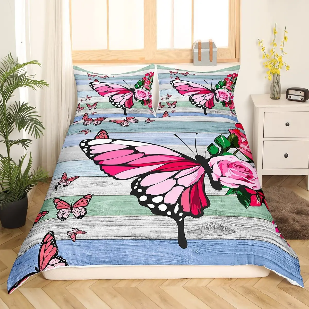 Rustic Farmhouse Wood Door Print Comforter Cover Butterfly Theme Duvet Girl Women Pink Rose Flower Bedding Set for Bedroom