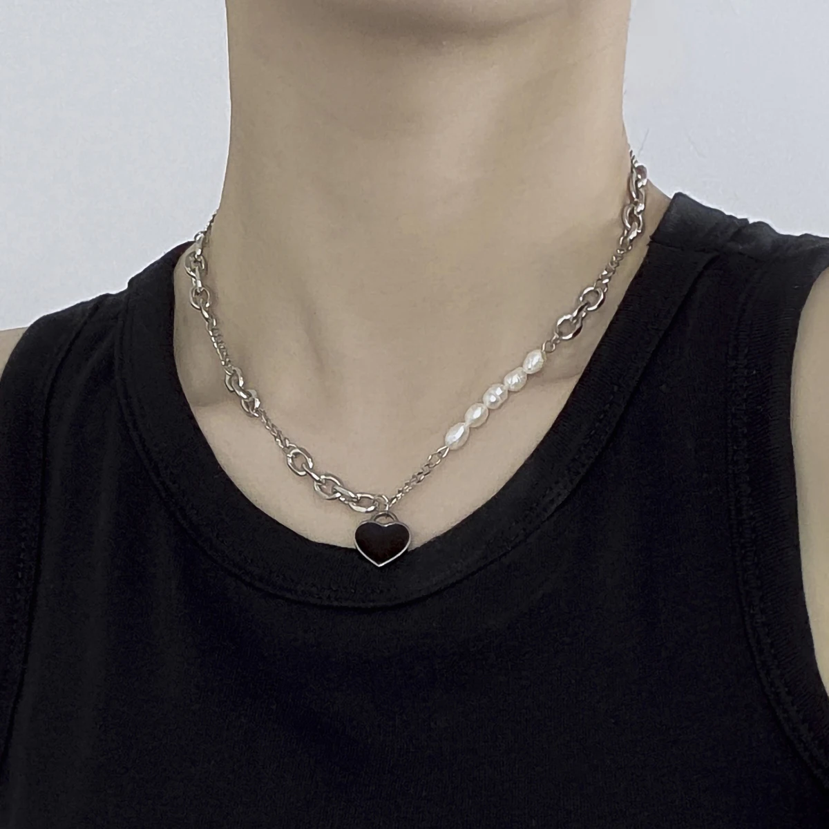 

IngeSight.Z Stainless Steel Black Oil Dripping Heart Pendant Necklace for Women Men Punk Freshwater Pearl Link Chain Choker Neck