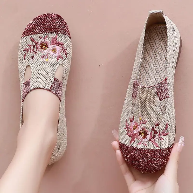 Comfortable Knit Flats Women's Shoes 2023 New Slip On Sneakers Mom Driving Loafers Woman Breathable Flower Ultra Light Flat Shoe