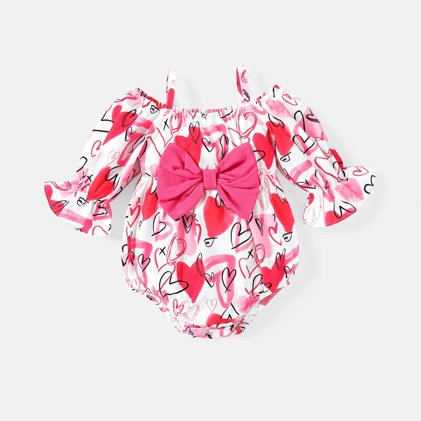 

PatPat Valentine's Day Baby Girl Allover Heart Print Cold Shoulder Long-sleeve Bow Front Romper