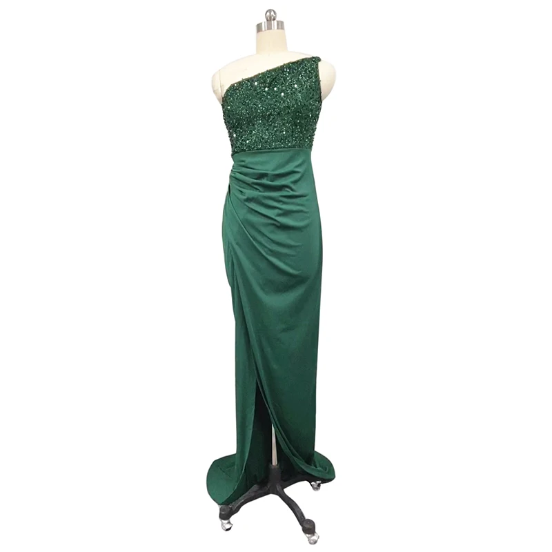 Green Sexy High Slit Sequins Chapel Train Prom Dresses Elegant Soft Satin Formal Evening Party Gowns Robe De Soiree Backless