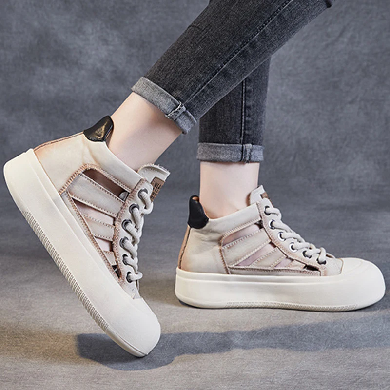 Thick Soled Women Sneakers Genuine Leather Breathable Shoes Summer Fashion Hollow Handmade Comfortable Roman Platform Sandals
