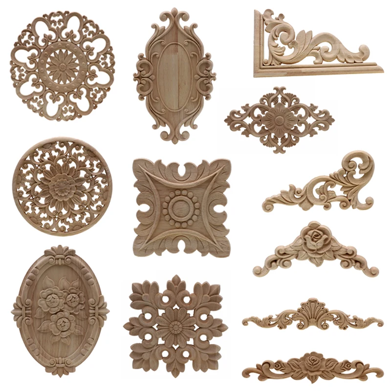 Woodcarving Rose Flower Floral Carved Corner Appliques Wooden Crafts Unpainted DIY Accessories Door Adornment Home Decor