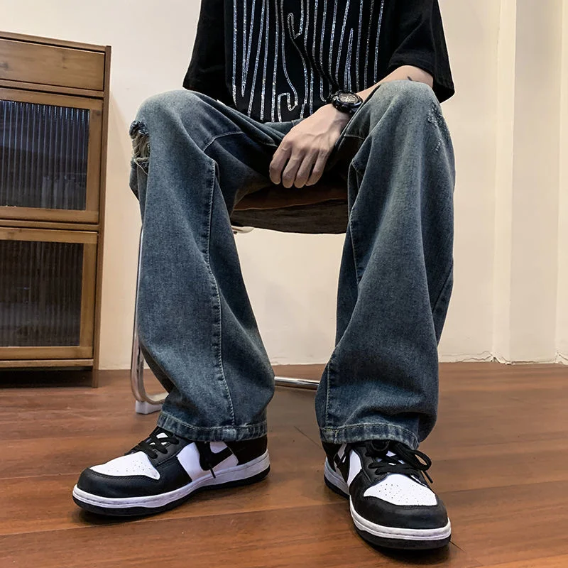 Summer Blue Ripped Jeans Men Fashion Casual Hole Baggy Jeans Men Streetwear Hip Hop Loose Straight Denim Pants Mens Trousers