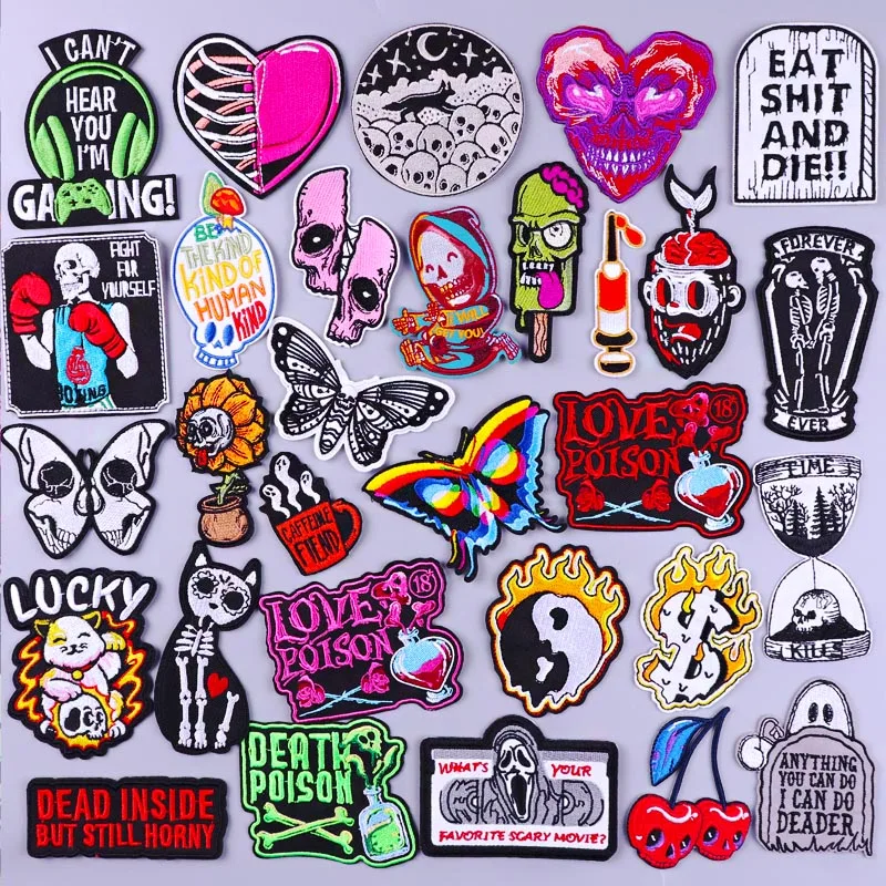 

Punk Skull Animal Patch Rock Embroidered Patches On Clothes Clothing Hippie Letter DIY Iron On Patches For Clothing Biker Badges