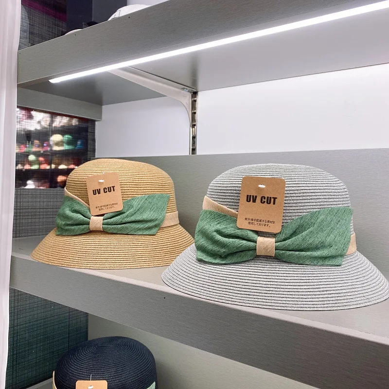 

202202-2509264 Korea spring summer wholesale green bowknot fine paper grass weaving lady bucket cap women fishermen hat