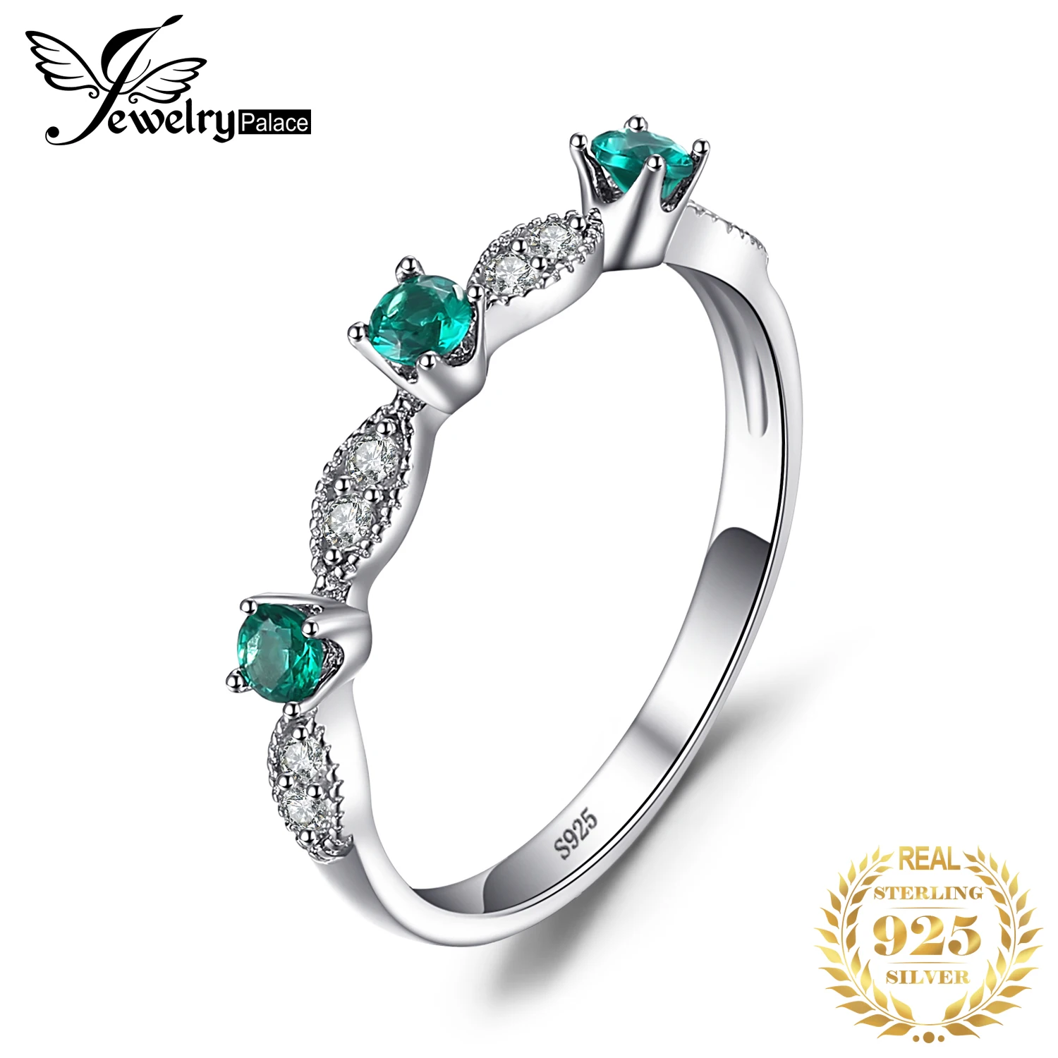 

JewelryPalace 3 Stone Simulated Nano Emerald 925 Sterling Silver Rings for Women Fashion Green Gemstone Jewelry Wedding Band