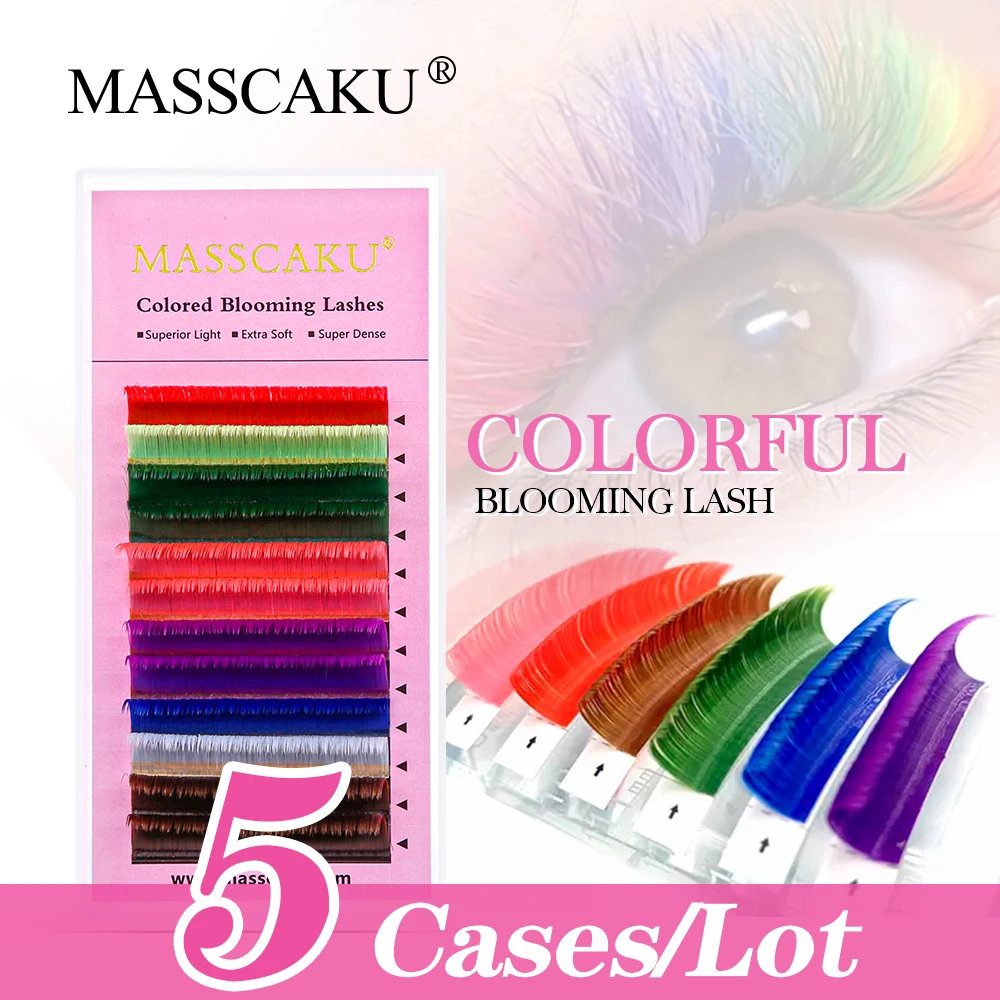 

MASSCAKU Faux Mink 5Cases/lot Russian Volume Easy Fan Austomatic Bloom Eyelashes Extension Multicolor Self-Making Lash Supplies