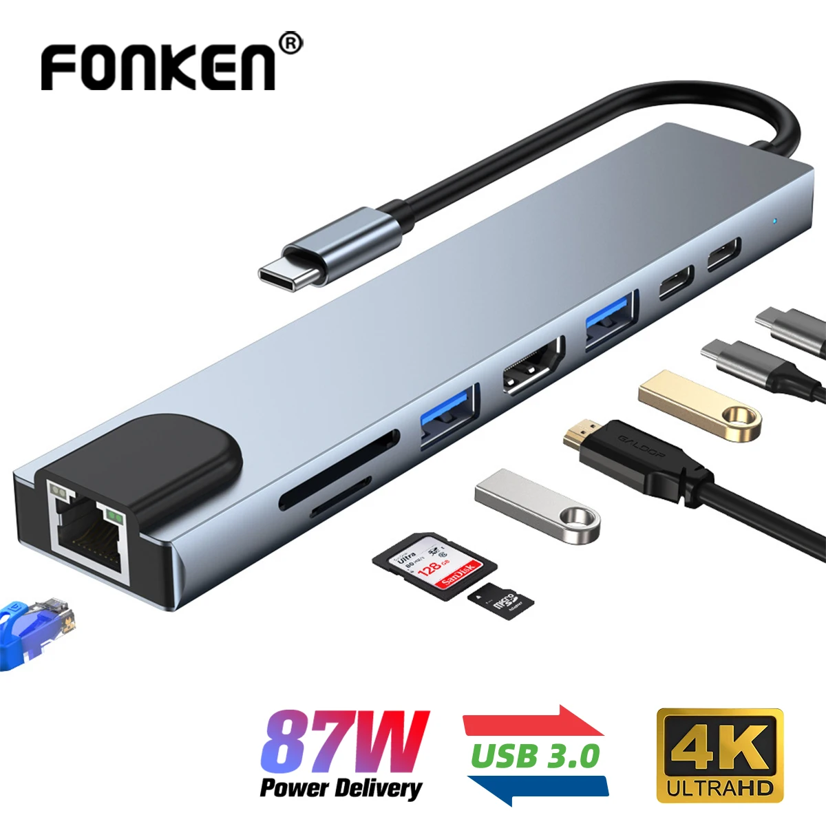 

8 в 1 USB C концентратор PD RJ45 4K Type-C концентратор для ноутбука Macbook Samsung Кабельный адаптер SD TF кардридер USB Type C кабельный сплиттер