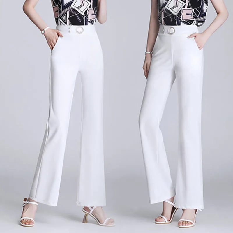 Spring Summer Thin Suit Flare Pants Office Lady High Waist Elastic Ice Silk Loose Wide Leg Straight Women Casual Long Trousers
