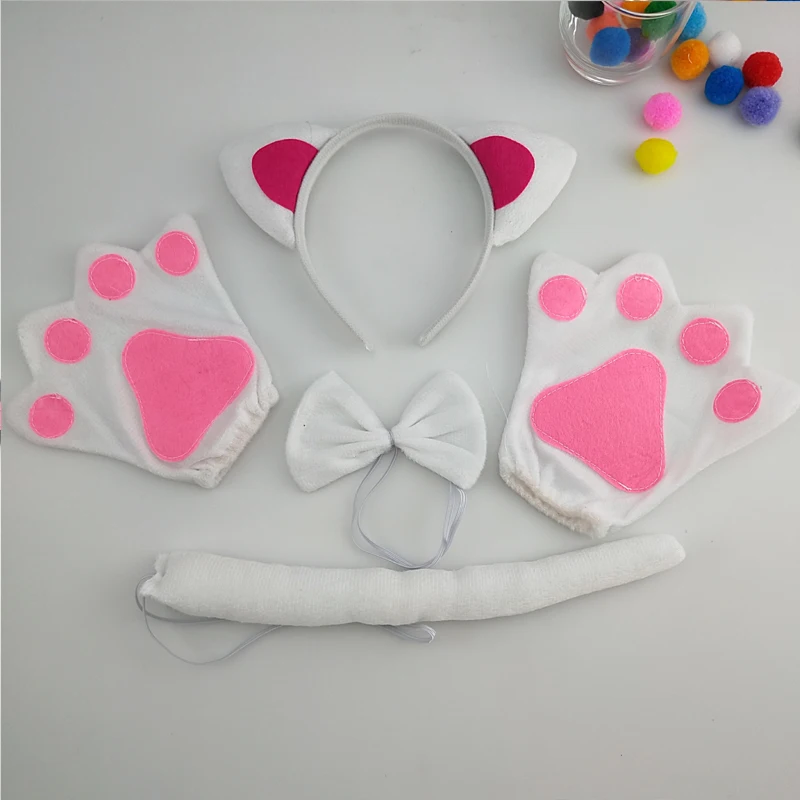 

Adult Kids Animal Ear White Cat Headband Bow Tie Tail Paws Cosplay Costume Set Party Fancy Dress Up Prop Christmas Halloween