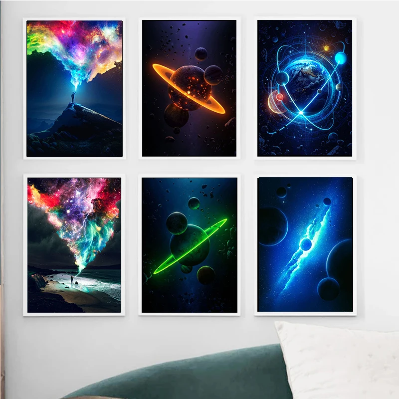 

Абстрактный Красочный Космос планета галактика звездное небо метеорит плакаты и принты винтажное настенное Искусство Холст Живопись Дома...